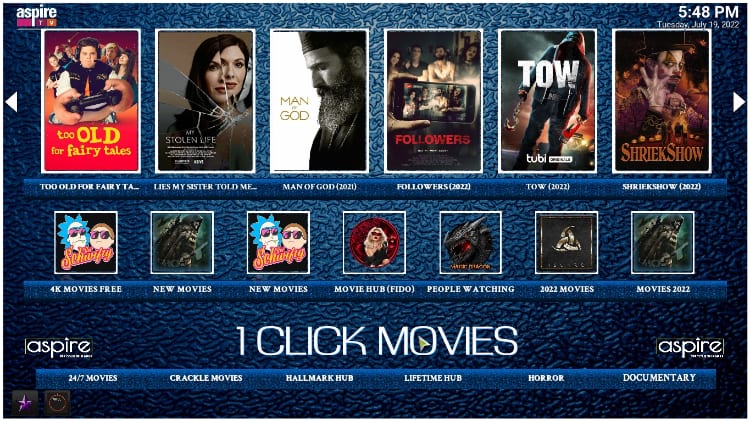 Aspire Kodi Build offers 1 Click Movies after de install