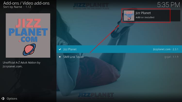 Wait for the install confirmation of Jizz Planet addon on Kodi