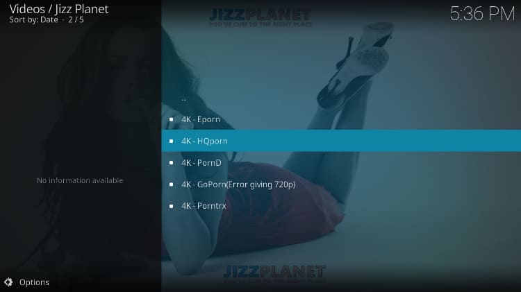 Sites on Jizz Planet addon after the install on Kodi