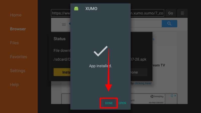 install Xumo TV on Firestick Done option